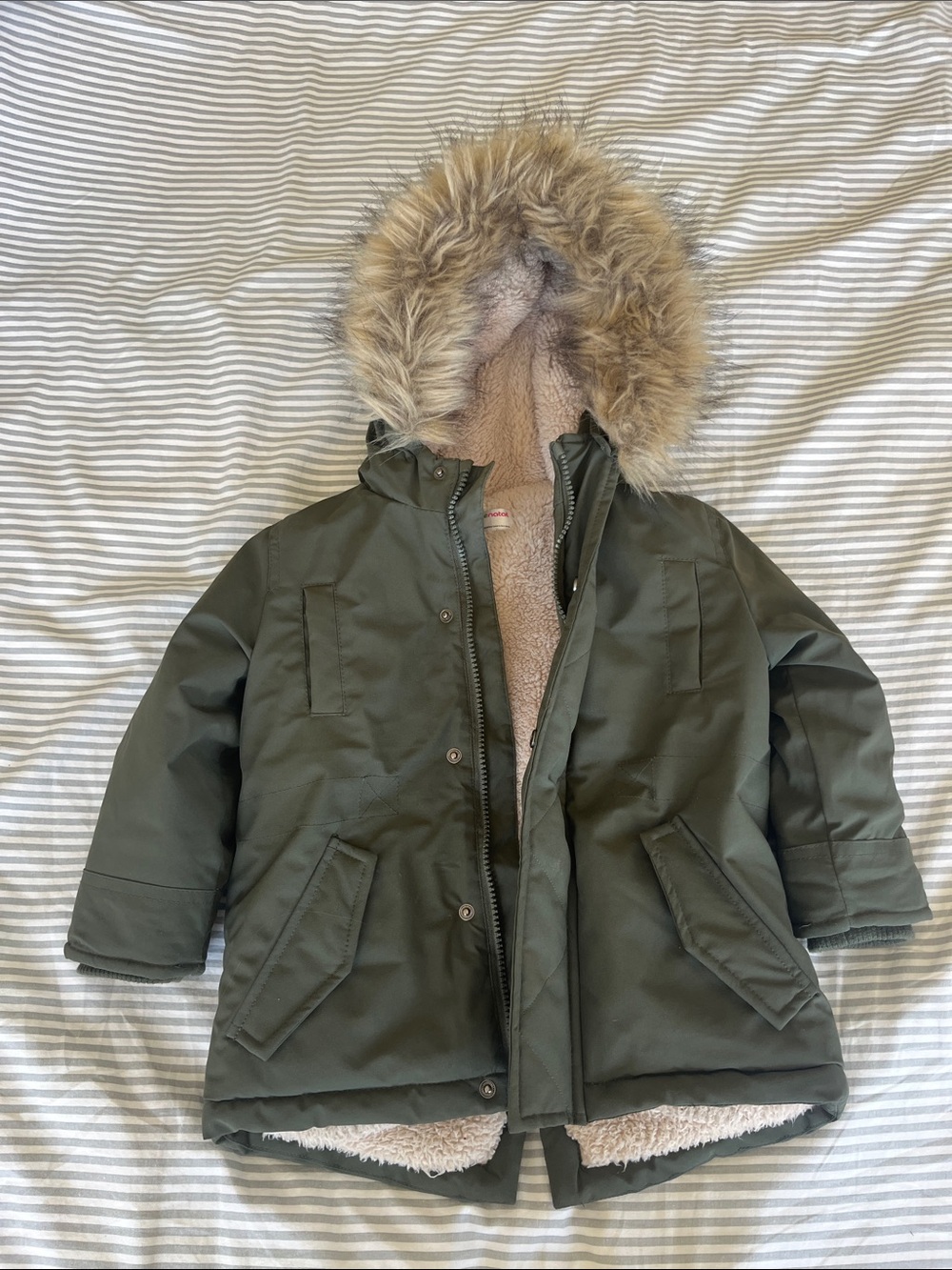 Kids Faux-Fur Hooded Puffer Coat in Olive Green